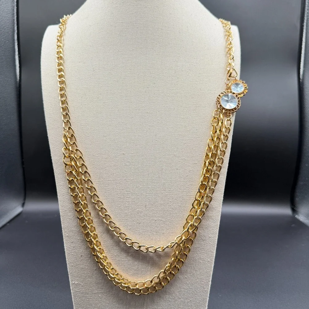 Gold Tone Triple Strand Chain Necklace Clear Rhinestone Statement Layered Boho